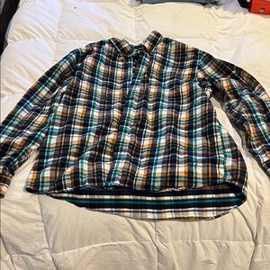 Lands' End Blue and Orange Plaid Shirt
Size: XL 17-171/2 Traditional Fit